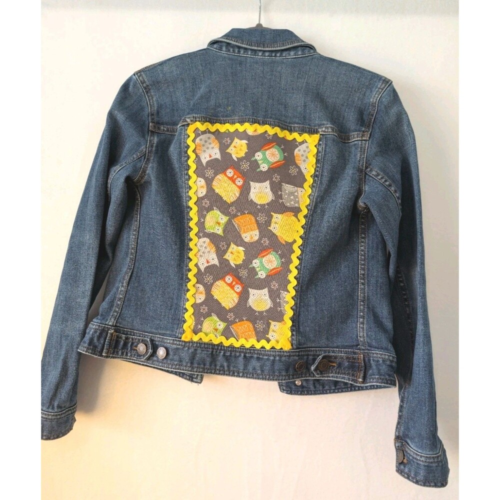 Talbots New Upcycled Art Jean jacket - Size XS Boho Whimsy Owls Back To School
